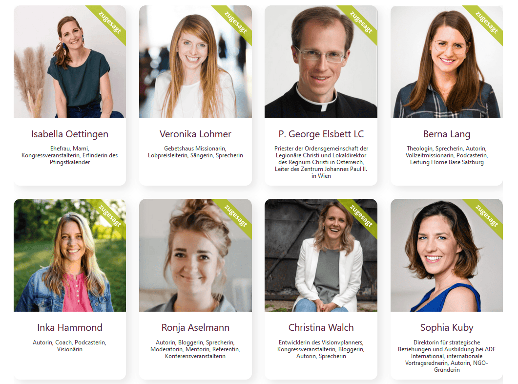 Speakers at the online congress Frauenherz by Isabella Oettingen, including Veronika Lohmer, Christina Walch, Sophia Kuby, Inka Hammond, P. Georg Elsbett, Berna Lang and many more...