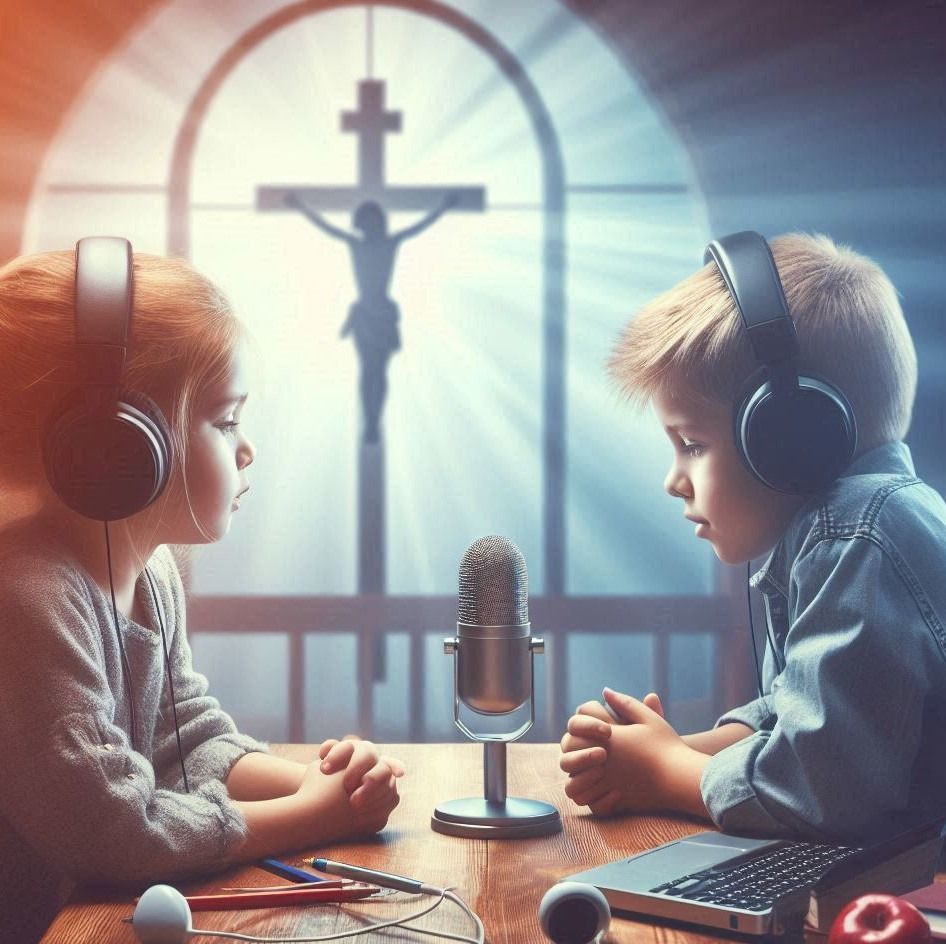 Zwei Kinder sitzen am Tisch und haben Kopfhörer auf, ihre Händer sind zum Beten gefaltet. Auf dem Tisch ist ein Mikrofon. Im Hintergrund ist ein Fenster, durch das hell das Licht durchscheint. Ein Kreuz ist vor diesem Fenster und strahlt ebenfalls