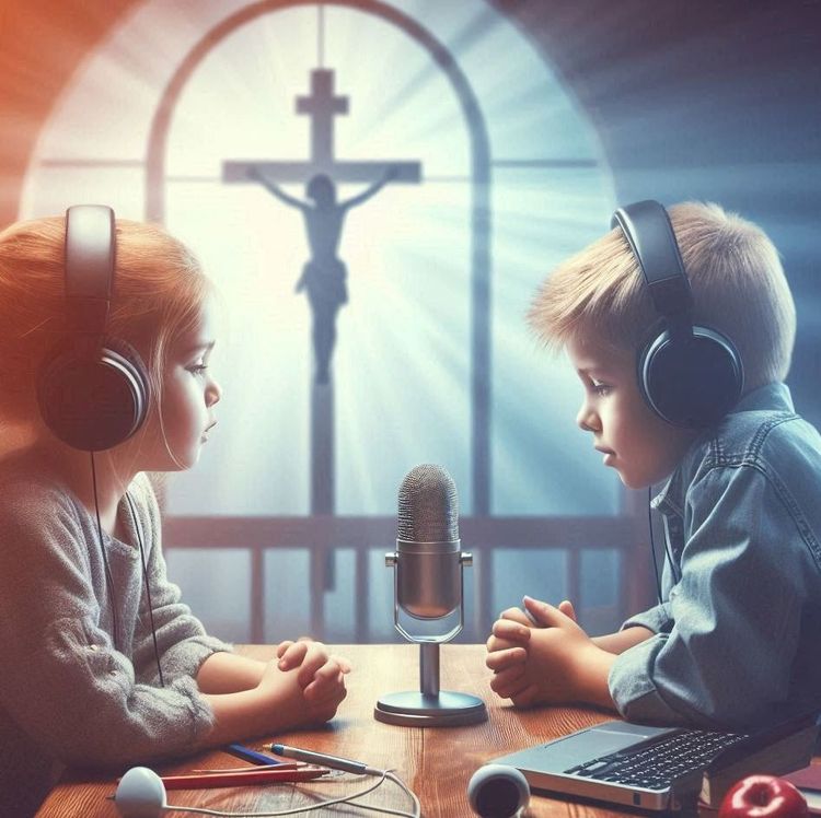 Zwei Kinder sitzen am Tisch und haben Kopfhörer auf, ihre Händer sind zum Beten gefaltet. Auf dem Tisch ist ein Mikrofon. Im Hintergrund ist ein Fenster, durch das hell das Licht durchscheint. Ein Kreuz ist vor diesem Fenster und strahlt ebenfalls
