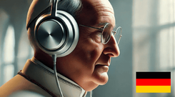 Ein fotorealistisches Bild des Papstes, der moderne Kopfhörer trägt und in einer ruhigen Umgebung wie einer Vatikanbibliothek oder einem Arbeitszimmer sitzt. Rechts unten in der Ecke befindet sich eine deutsche Flagge